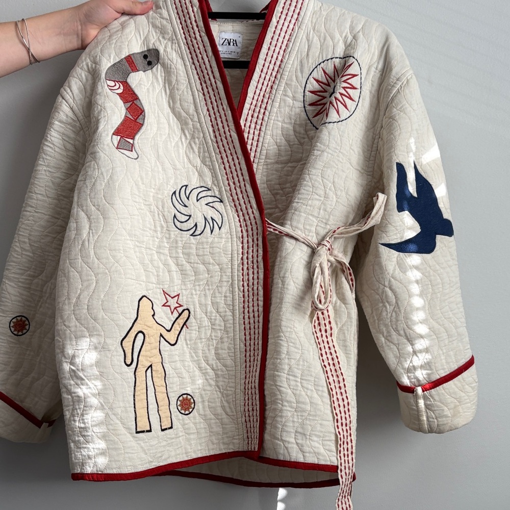 Zara Quilted Cream Bomber Jacket with Red and Blue Embroidery